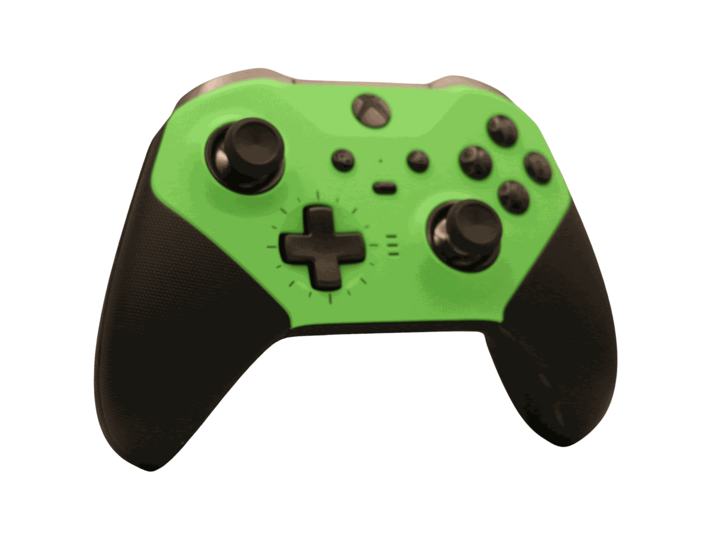 Green Xbox One Elite Series 2 wireless gaming controller with adjustable thumbsticks and customizable components
