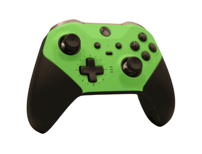 Green Xbox One Elite Series 2 wireless gaming controller with adjustable thumbsticks and customizable components