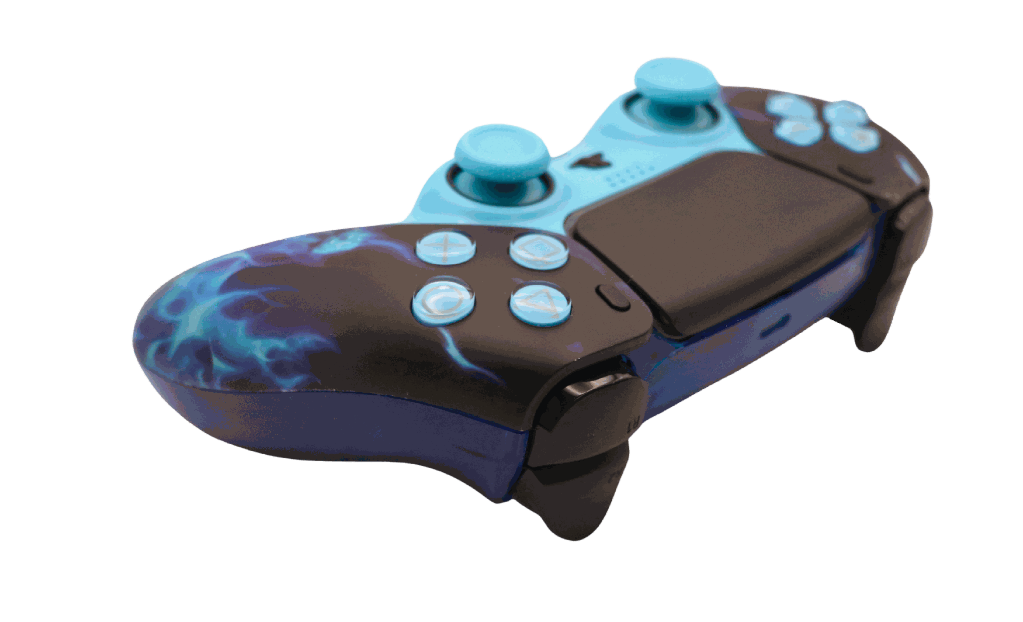 Blue flame design PS5 modded controller with custom buttons and thumbsticks