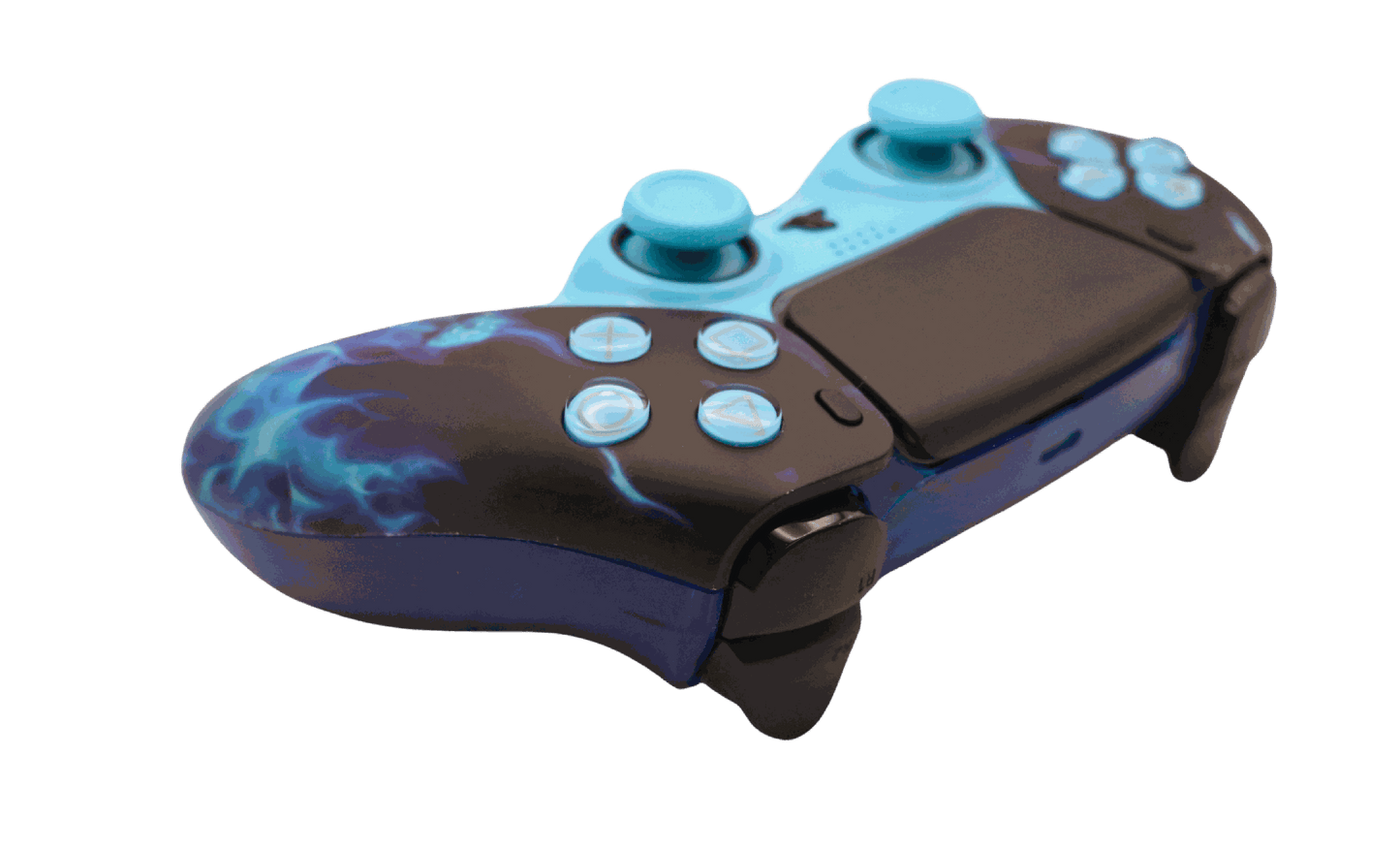 Blue Flame 2 PS5 modded controller with custom blue flame design, TMR thumbsticks, digital triggers, back paddles, and adjustable features for enhanced gaming performance