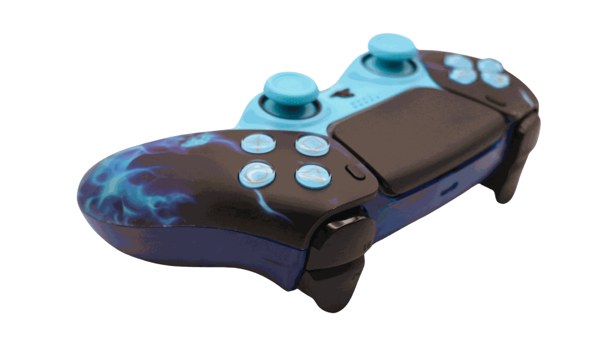 Blue Flame 2 PS5 modded controller with custom blue flame design, TMR thumbsticks, digital triggers, back paddles, and adjustable features for enhanced gaming performance