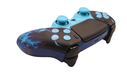 Blue Flame 2 PS5 modded controller with custom blue flame design, TMR thumbsticks, digital triggers, back paddles, and adjustable features for enhanced gaming performance