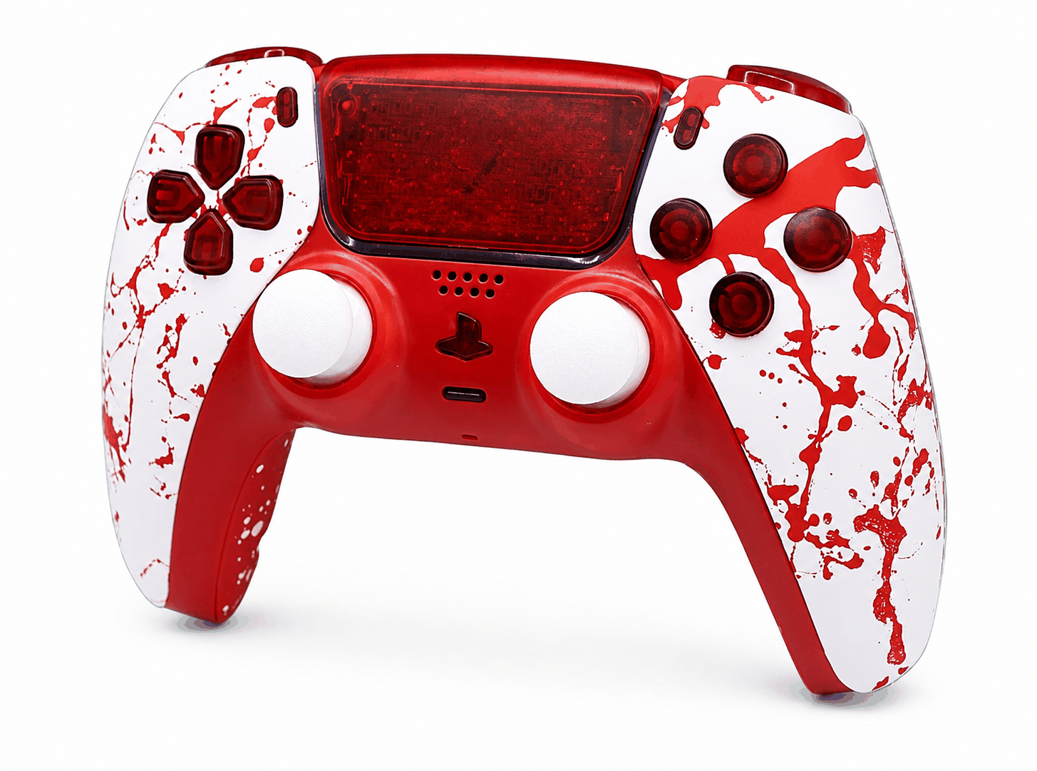 Blood Splatter PS5 controller with adjustable thumbsticks and digital hair triggers for precision gaming