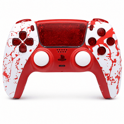 Blood Splatter PS5 controller with adjustable thumbsticks and quick response triggers in purple haze design