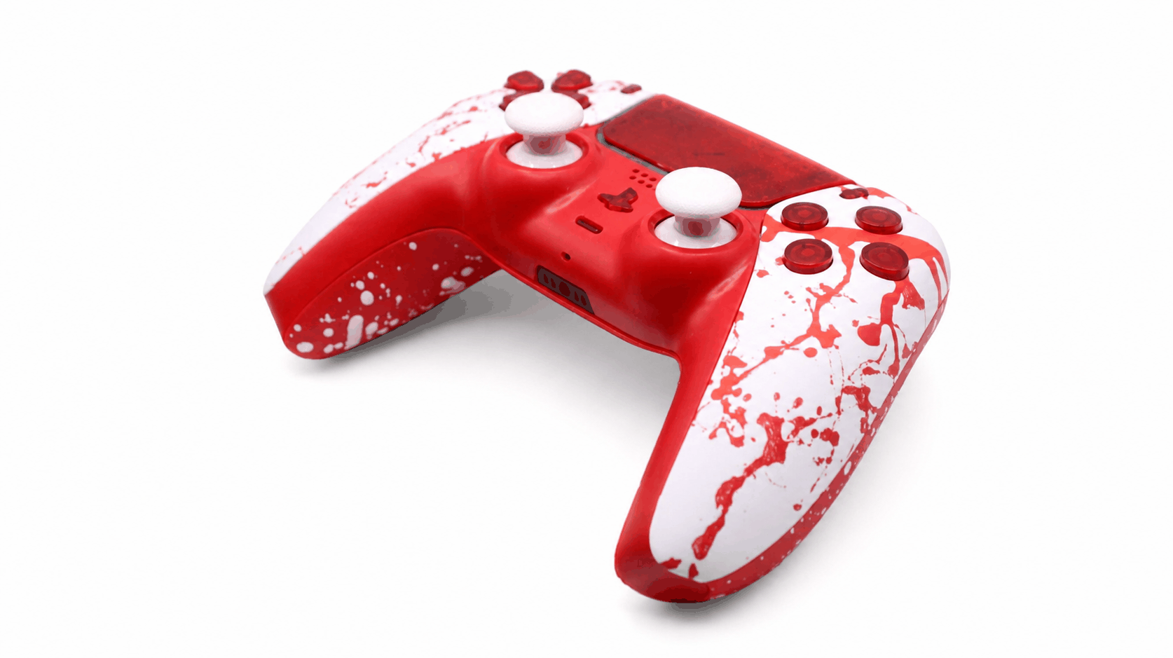 Custom Blood Splatter PS5 controller with adjustable thumbsticks and digital mouse triggers for responsive gaming