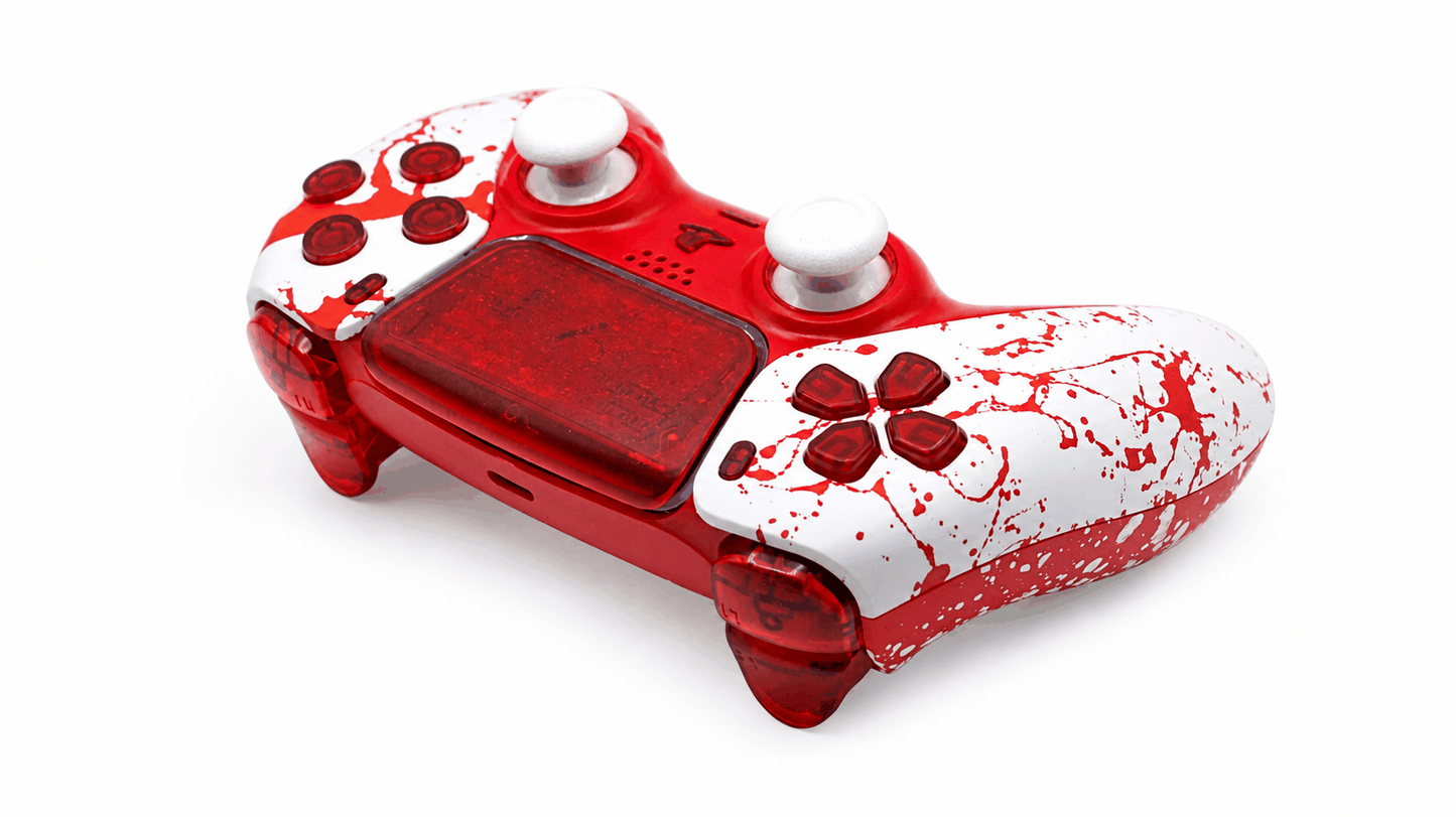 Blood Splatter PS5 controller with digital mouse triggers and adjustable thumbsticks in purple haze design