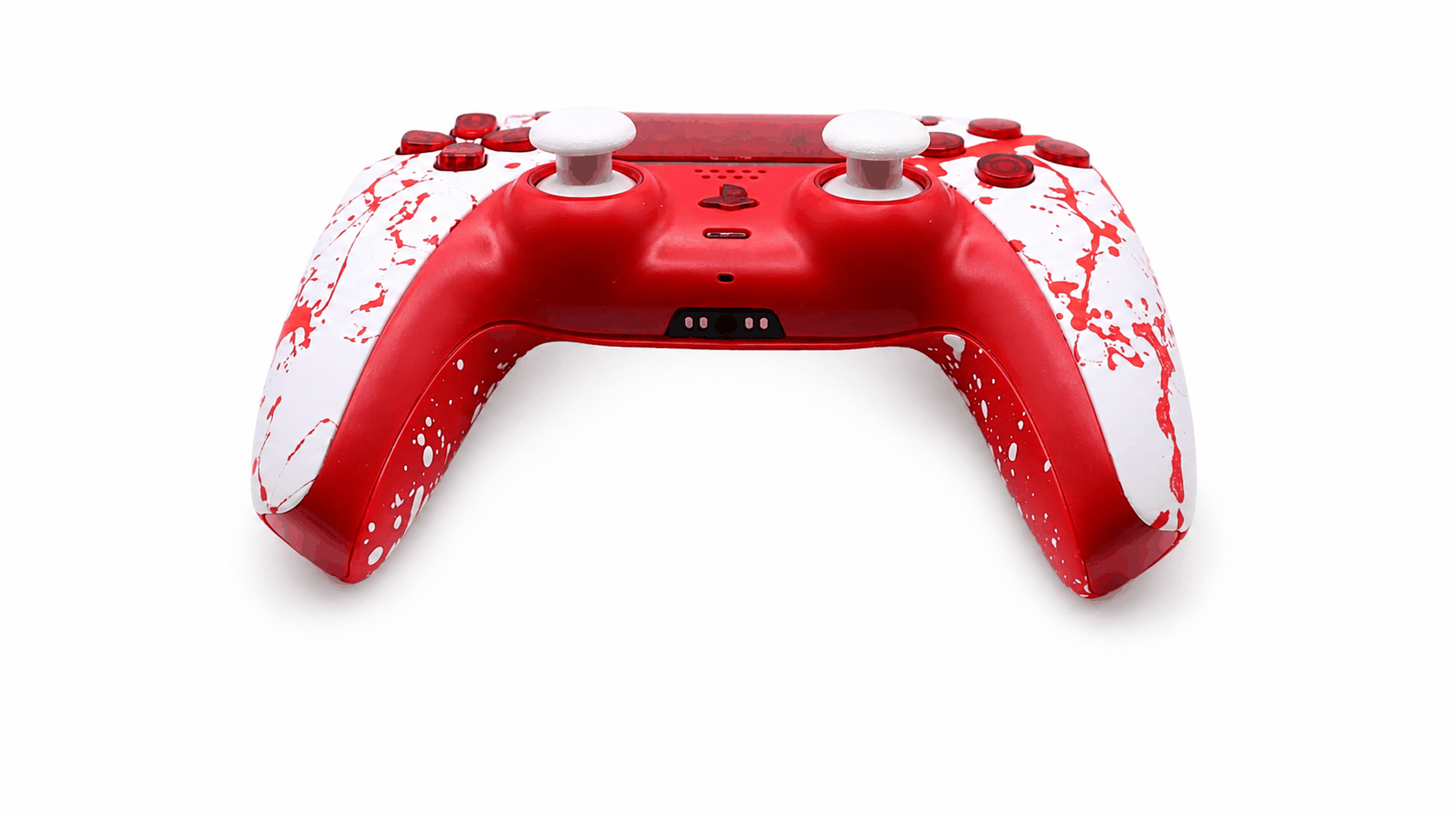 Blood Splatter PS5 controller with customizable thumbsticks and instant response triggers in purple haze design