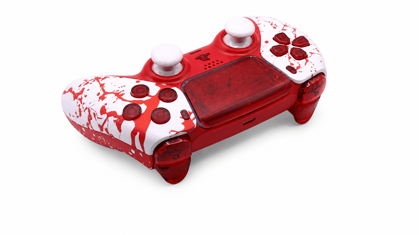 Blood Splatter PS5 controller with adjustable thumbsticks and digital hair triggers for precision gaming