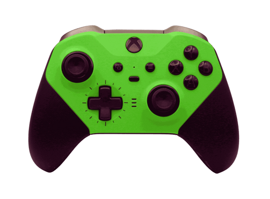 Green Xbox One Elite Series 2 wireless controller with adjustable thumbsticks and rubberized grip