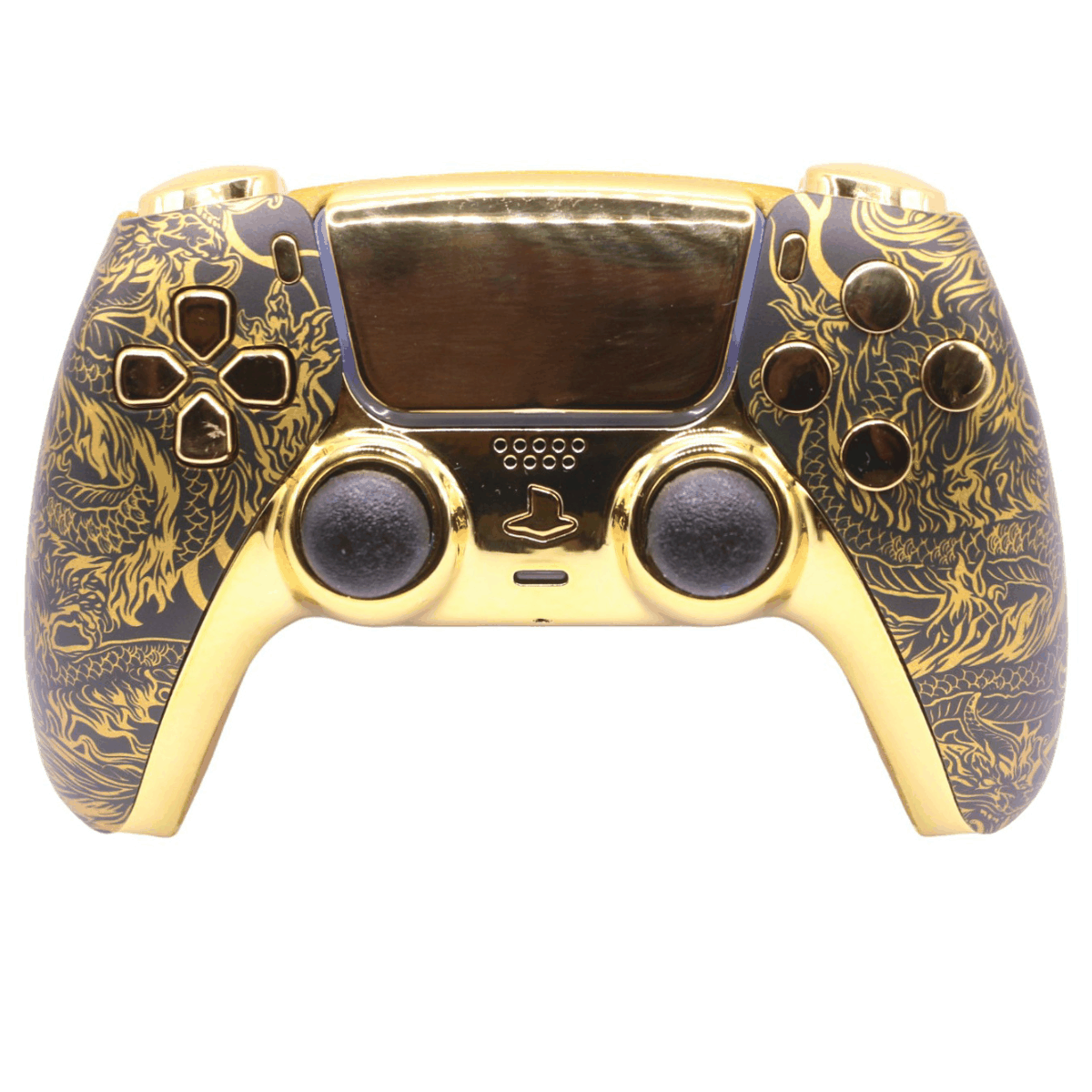 Gold custom PS5 controller with intricate black and gold design, TMR thumbsticks, and modded features for enhanced gaming performance