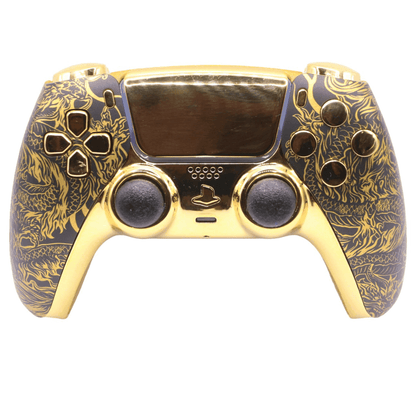 Gold custom PS5 controller with intricate black and gold design, TMR thumbsticks, and modded features for enhanced gaming performance