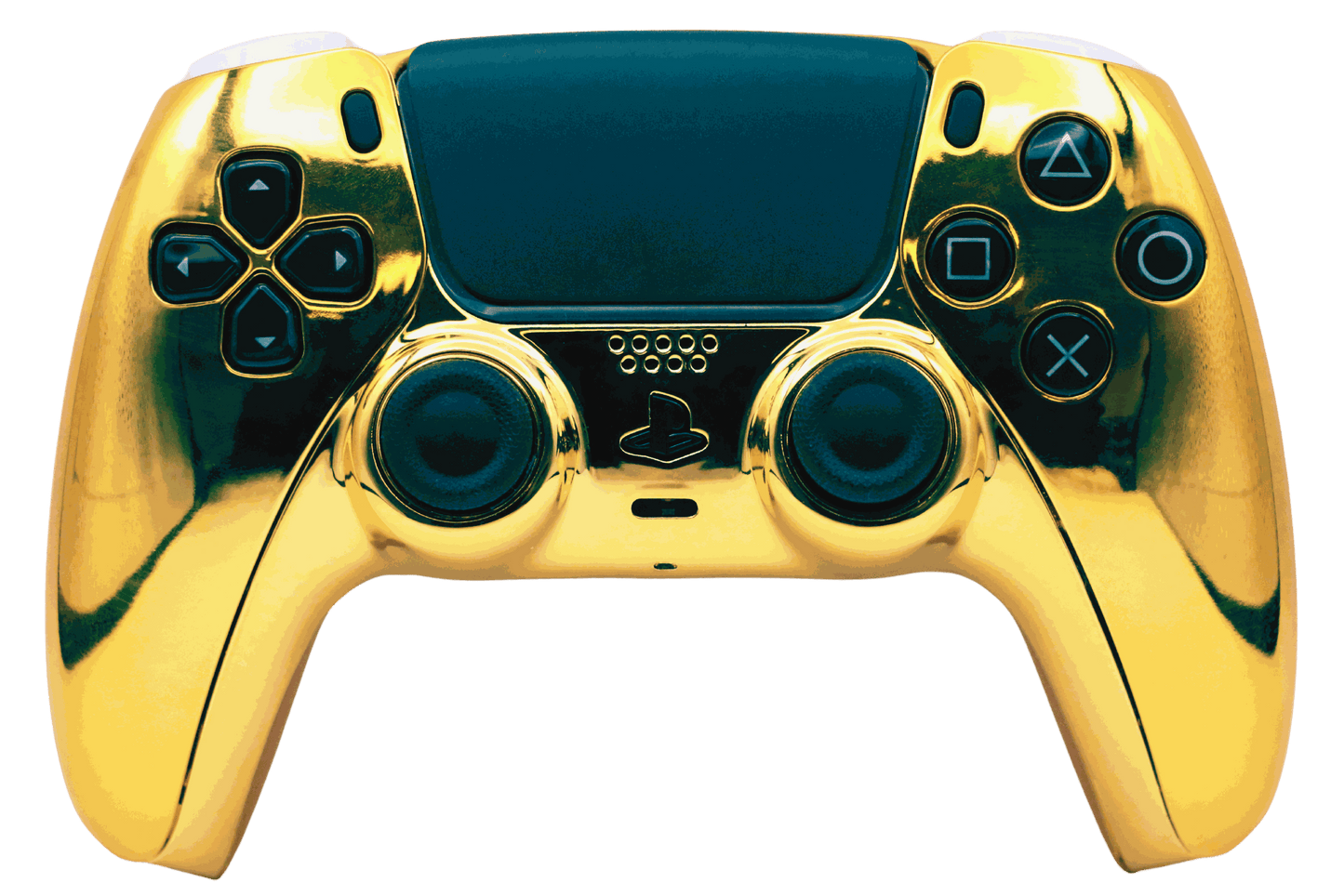 Gold PS5 modded controller with customizable TMR thumbsticks, digital mouse triggers, GM Master Mod, back paddles, and adjustable battery