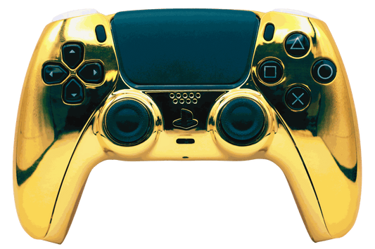 Gold PS5 modded controller with customizable TMR thumbsticks, digital mouse triggers, GM Master Mod, back paddles, and adjustable battery