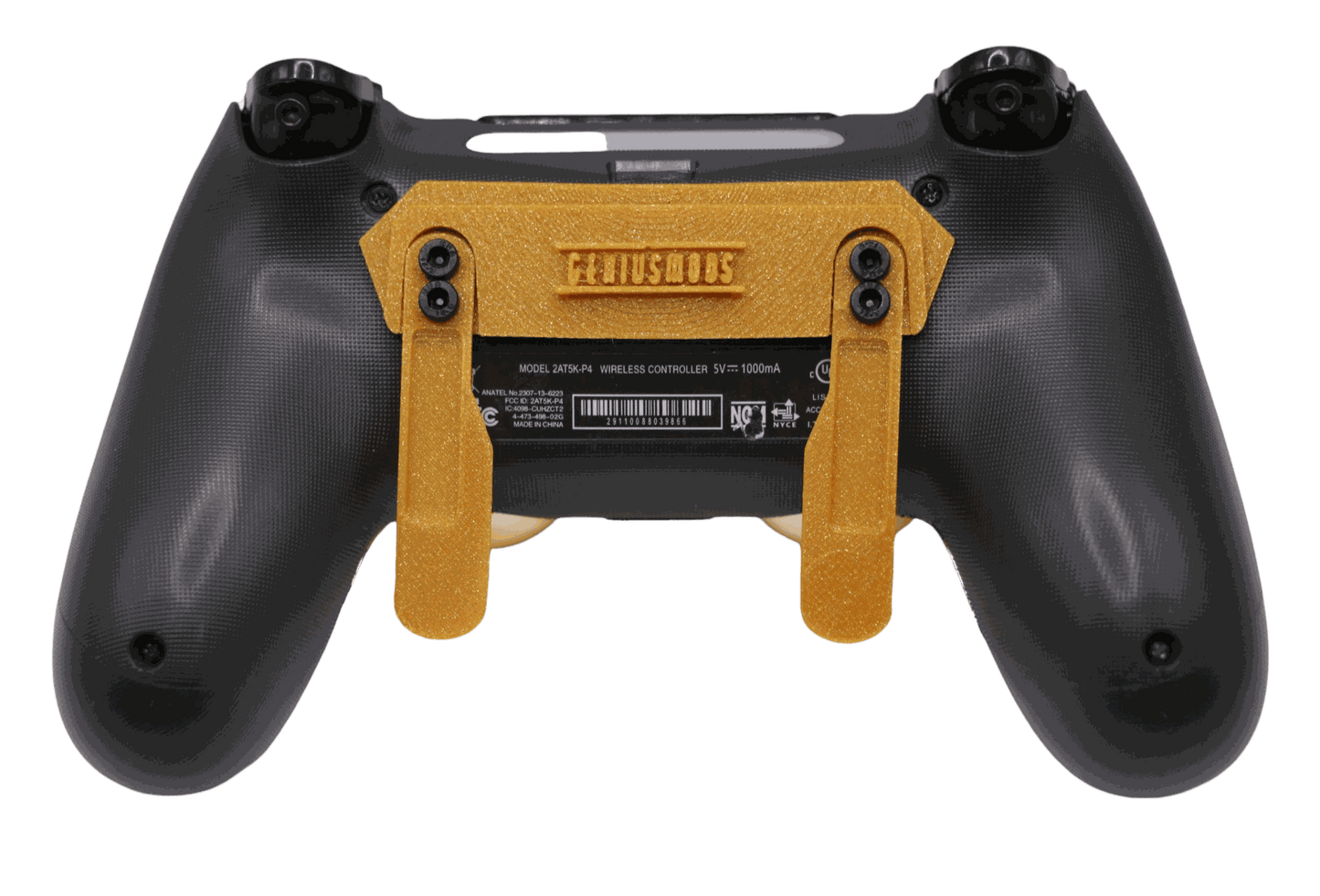 Back view of a black PlayStation 4 controller with custom gold back paddles and mod attachments