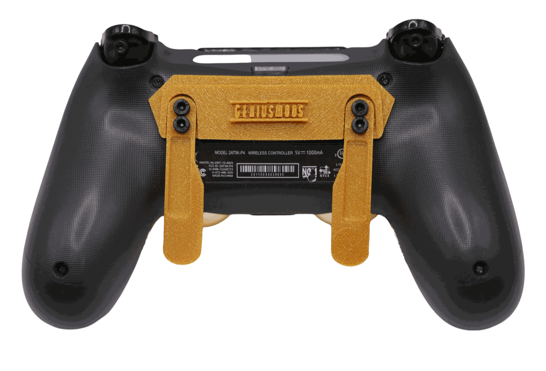 Back view of a black PlayStation 4 controller with custom gold back paddles and mod attachments