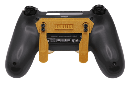 Back view of a black PlayStation 4 controller with custom gold back paddles and mod attachments