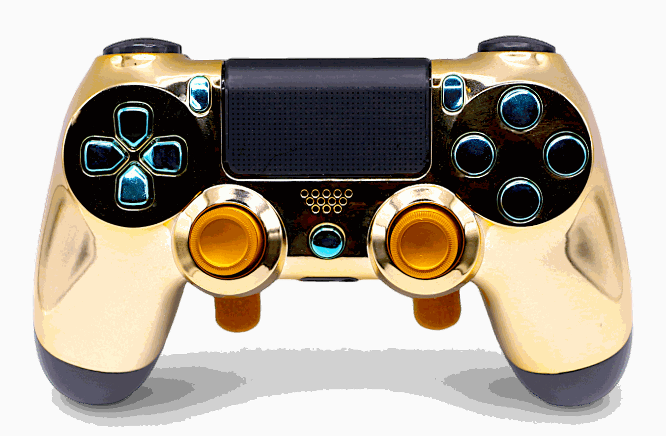 Gold PS4 controller with customizable TMR thumbsticks, digital triggers, back paddles, and GM Master Mod for enhanced gaming performance