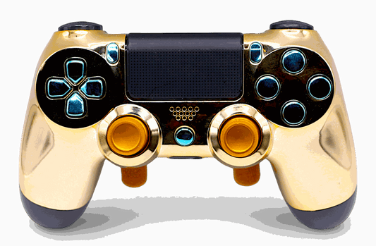 Gold PS4 controller with customizable TMR thumbsticks, digital triggers, back paddles, and GM Master Mod for enhanced gaming performance