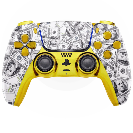 Benjamins Custom PS5 Modded Controller with gold accents and money print design, enhanced for precision gaming and customization options