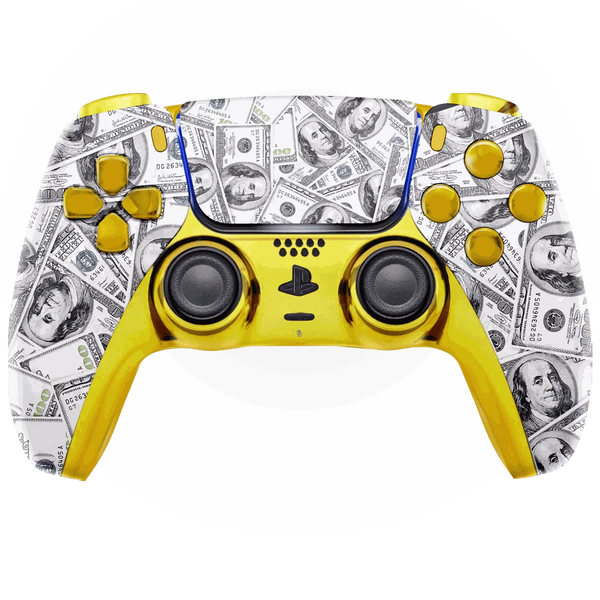 Benjamins Custom PS5 Modded Controller with gold accents and money print design, enhanced for precision gaming and customization options