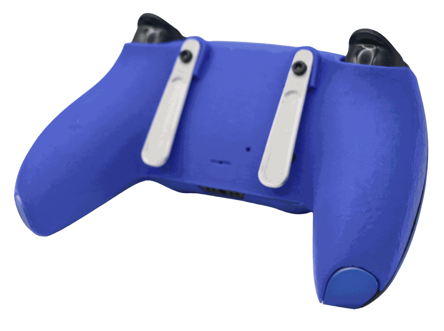 Back view of SoloVenomous PS5 modded controller with custom blue color and two white back paddles