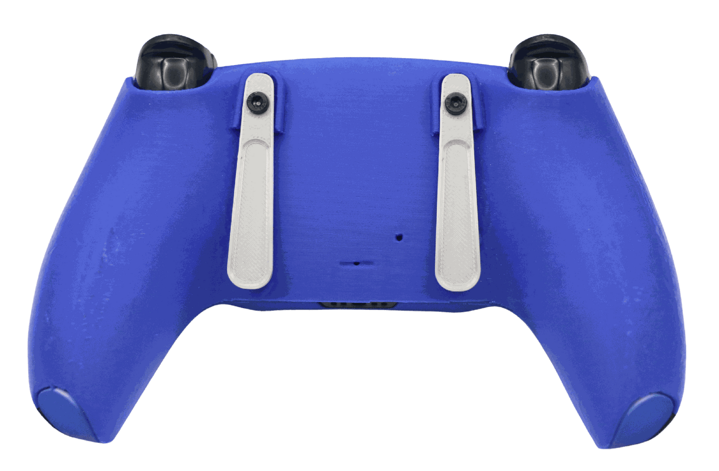 Back view of SoloVenomous PS5 modded controller in blue with two white back paddles and black thumbsticks