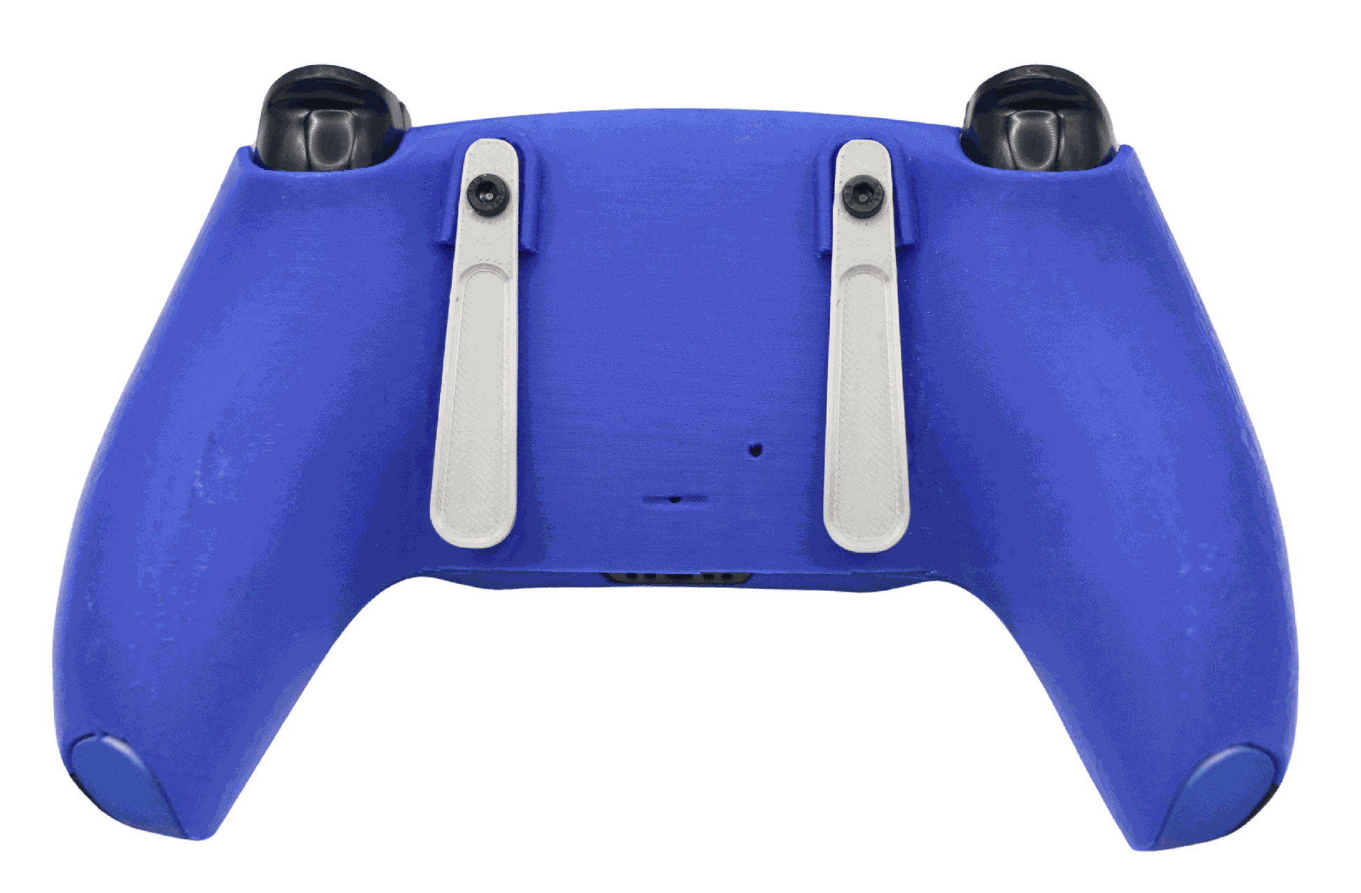 Back view of SoloVenomous PS5 modded controller in blue with two white back paddles and black thumbsticks