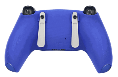 Back view of SoloVenomous PS5 modded controller in blue with two white back paddles and black thumbsticks