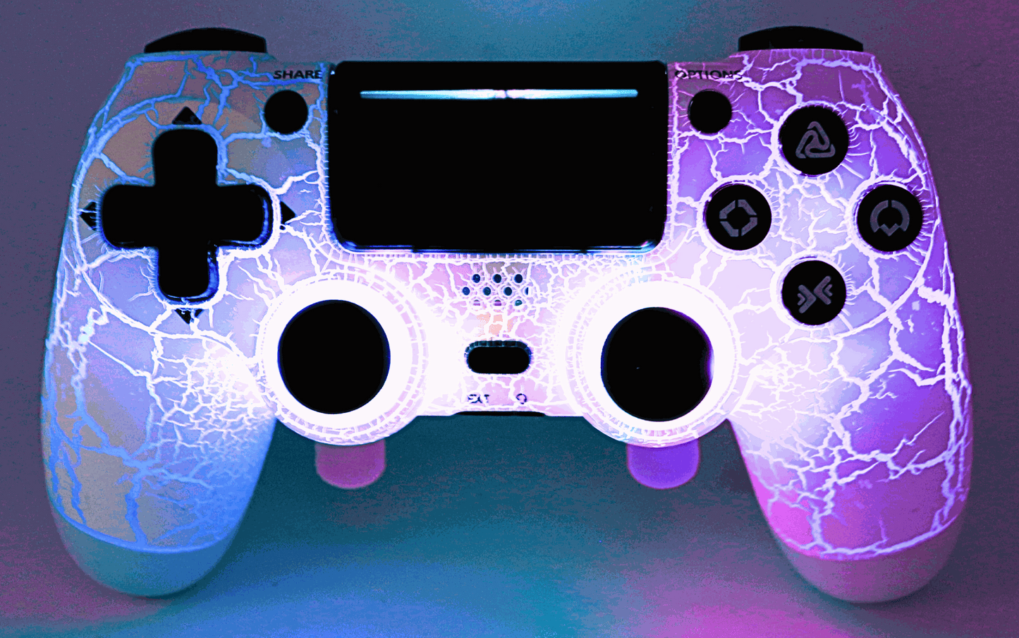LED PS4 Controller with customizable options, glowing crackle design, and advanced gaming features