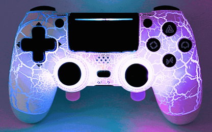 LED PS4 Controller with customizable options, glowing crackle design, and advanced gaming features